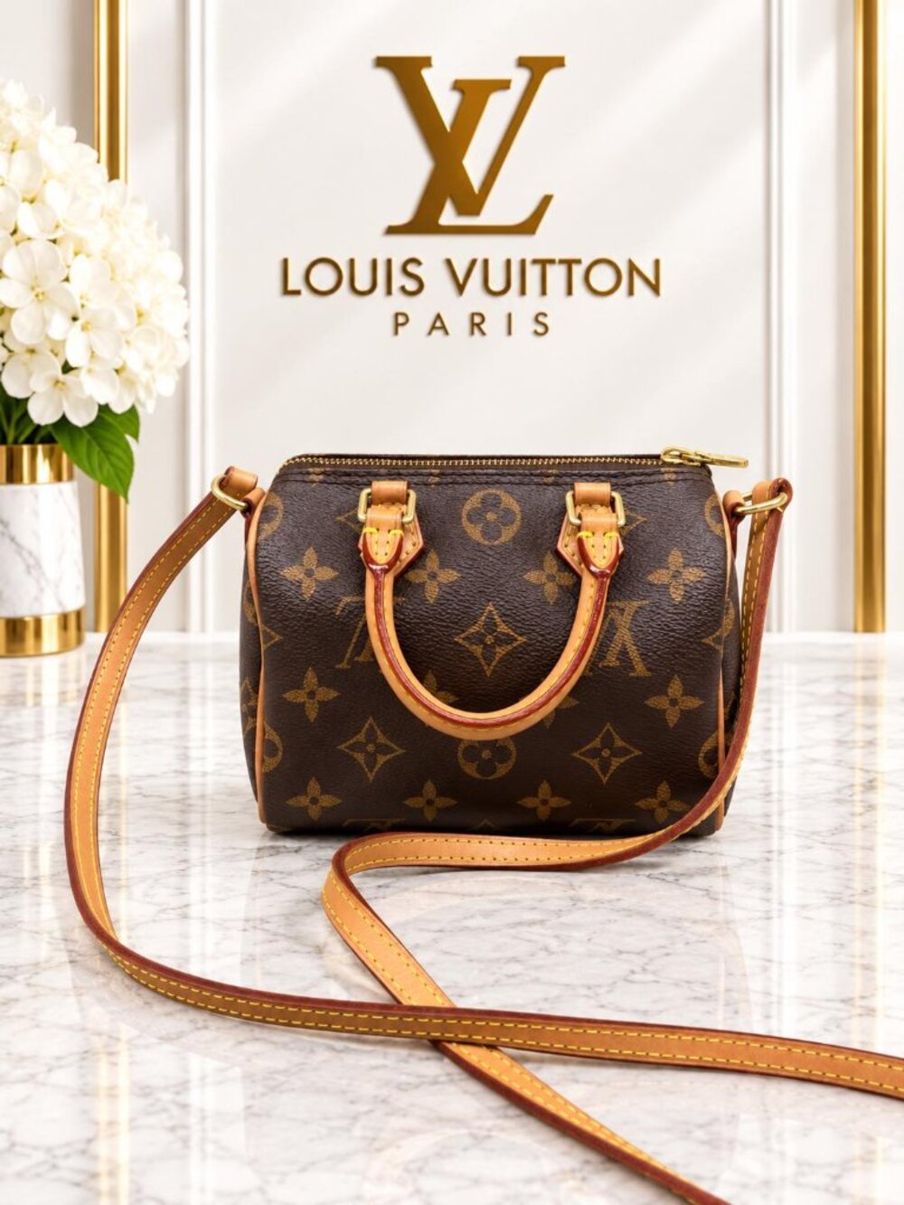 Authentic Louis Vuitton Nano Speedy Monogram Canvas Mini Crossbody Bag